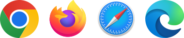 Browser logos: Chrome, Firefox, Safari, Edge